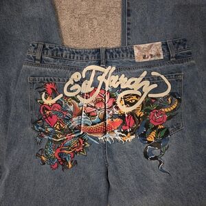 Ed Hardy Blue Jeans with Vibrant Tattoo Art Bootcut 34x32
